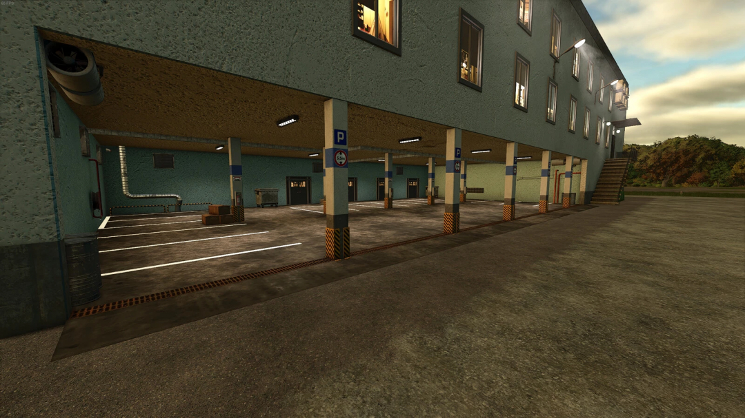 Farming Simulator 25 mod: Large Decorative Building v1.0.0.0 with parking area, lighting, and detailed structure for immersive gameplay.