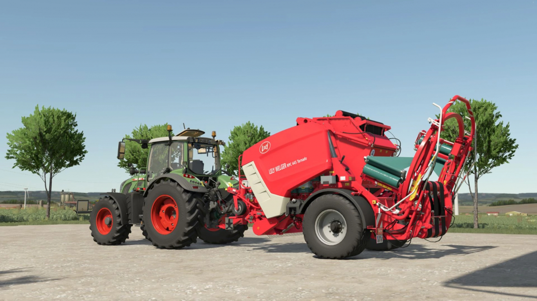 Farming Simulator 25 mod featuring the Lely Welger RPC 445 v1.0.0.0 round baler attached to a tractor in a field setting.