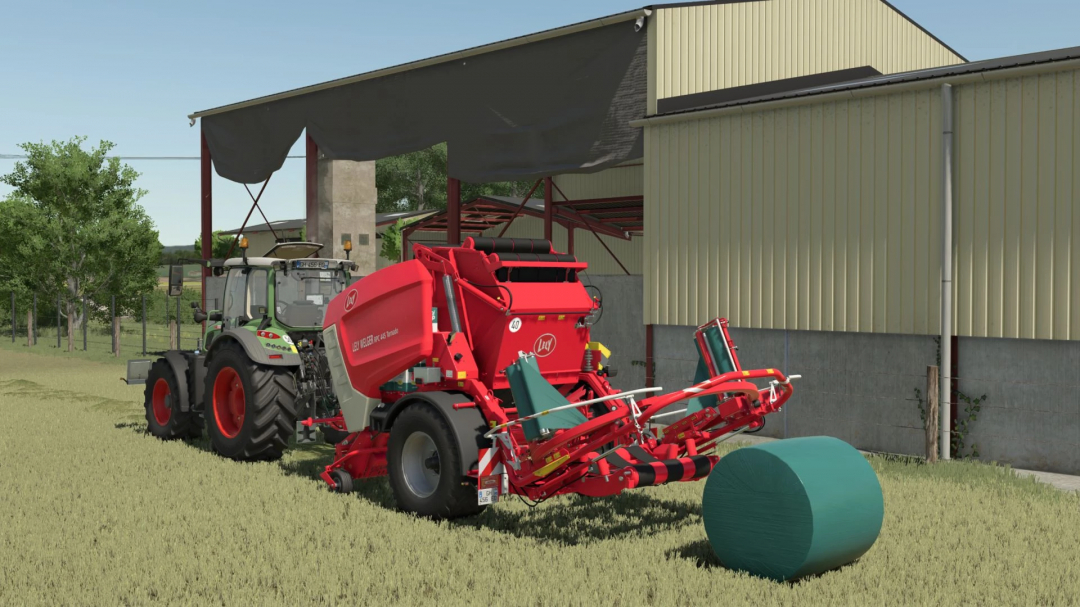 Farming Simulator 25 mod: Red Lely Welger RPC 445 baler attached to the tractor on a farm.