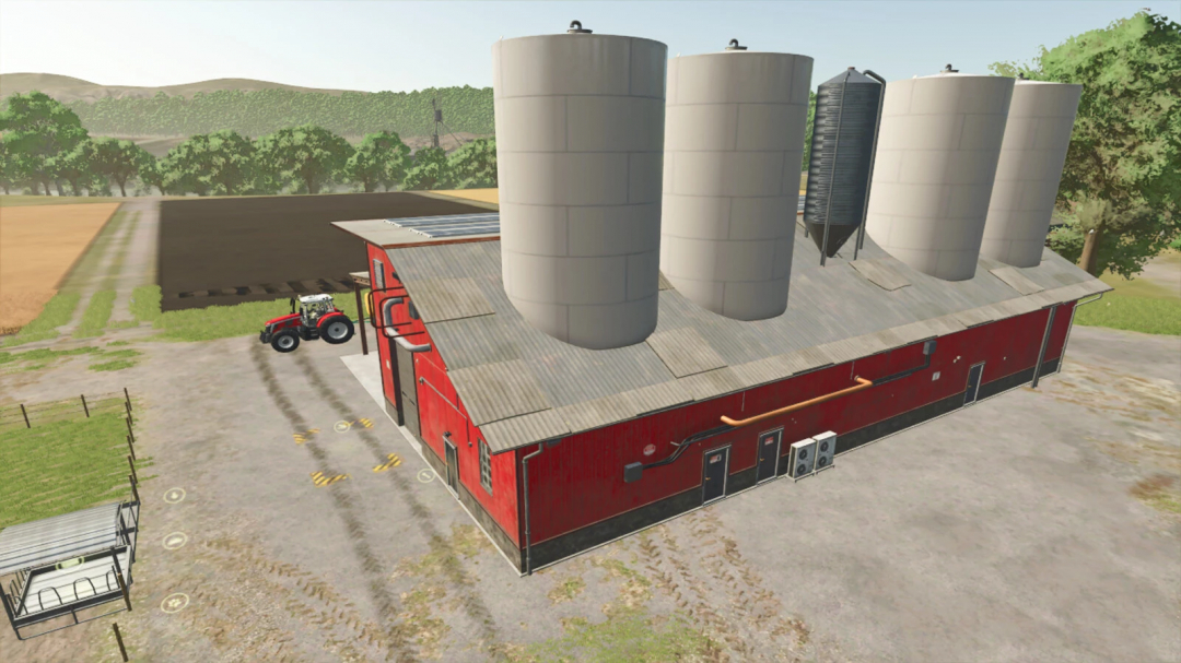 Farming Simulator 25 mod: Lime Factory v1.0.0.0, featuring a red building with large silos and a tractor in a rural farm setting.