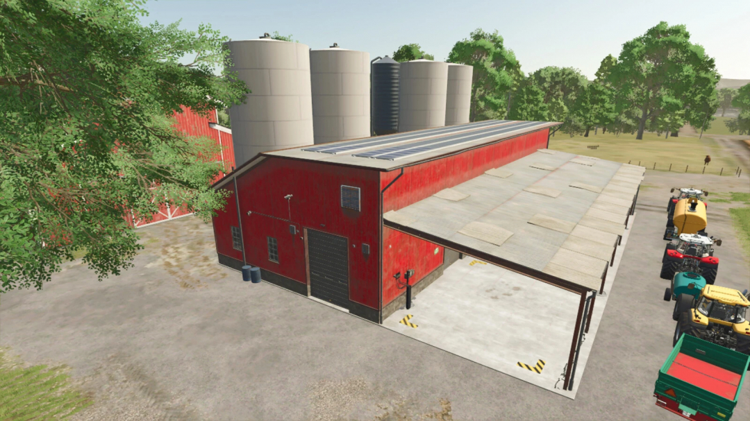 Farming Simulator 25 mod: Lime Factory v1.0.0.0, featuring a red lime production building with silos, tractors, and equipment in a farm setting.