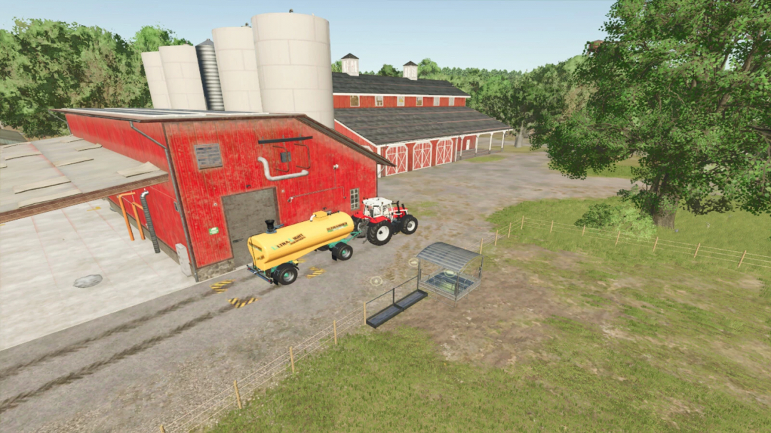 Farming Simulator 25 mod: Red barn with tractor and lime factory equipment, featuring the Lime Factory v1.0.0.0 mod.