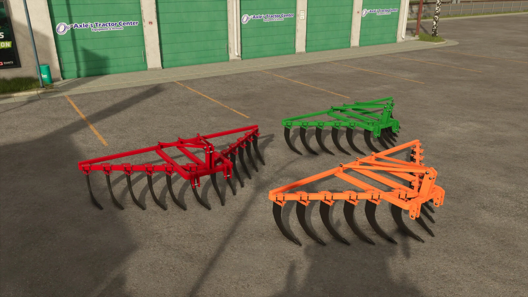 Farming Simulator 25 mods featuring colorful cultivator tools parked outside Axle's Tractor Center.