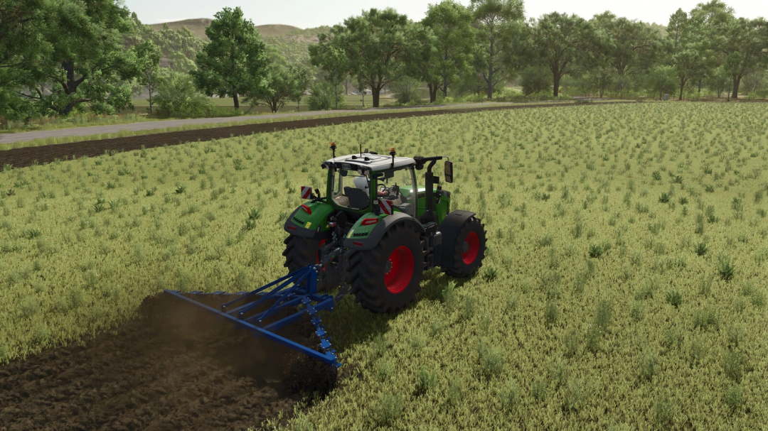 Farming Simulator 25 mod: Lizard Agri 13 tractor with a blue tillage implement working the field.