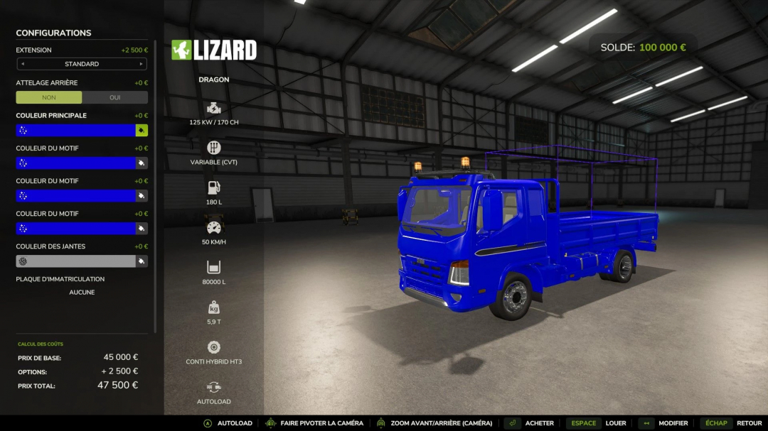 Farming Simulator 25 mod: Lizard Dragon Edit v1.0.0.1, blue flatbed truck with configuration options, available in Farming Simulator 25 mods.