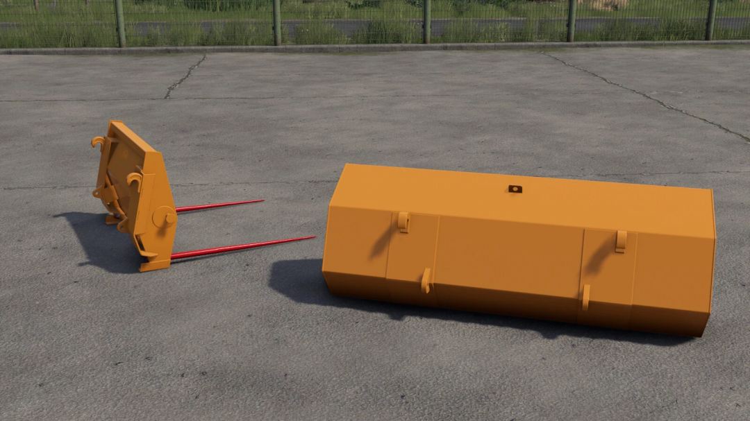 Farming Simulator 25 mods: Lizard Frontloader Tools v1.0.0.0 attachment on concrete ground with shadow.