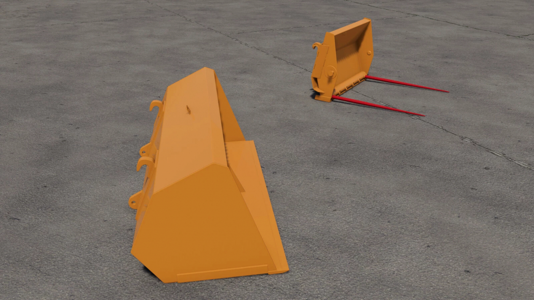 Farming Simulator 25 mods: Lizard Frontloader Tools v1.0.0.0, orange attachments for tractors, on a concrete surface.