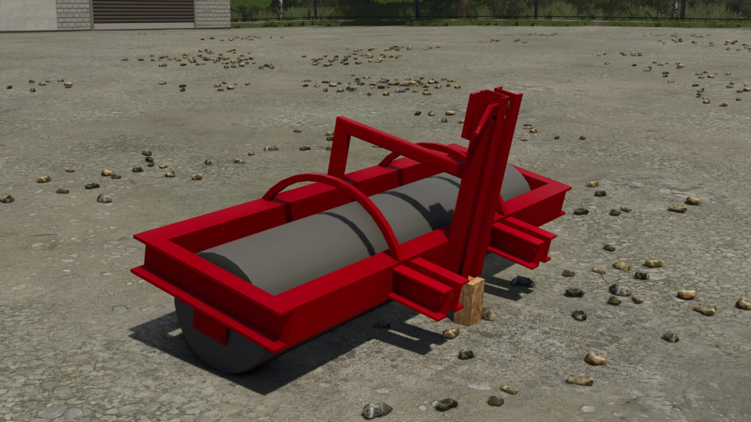 Farming Simulator 25 mod: Lizard Homemade Roller v1.0.0.0, red roller with a gray drum, used for soil preparation, on a gravel surface.