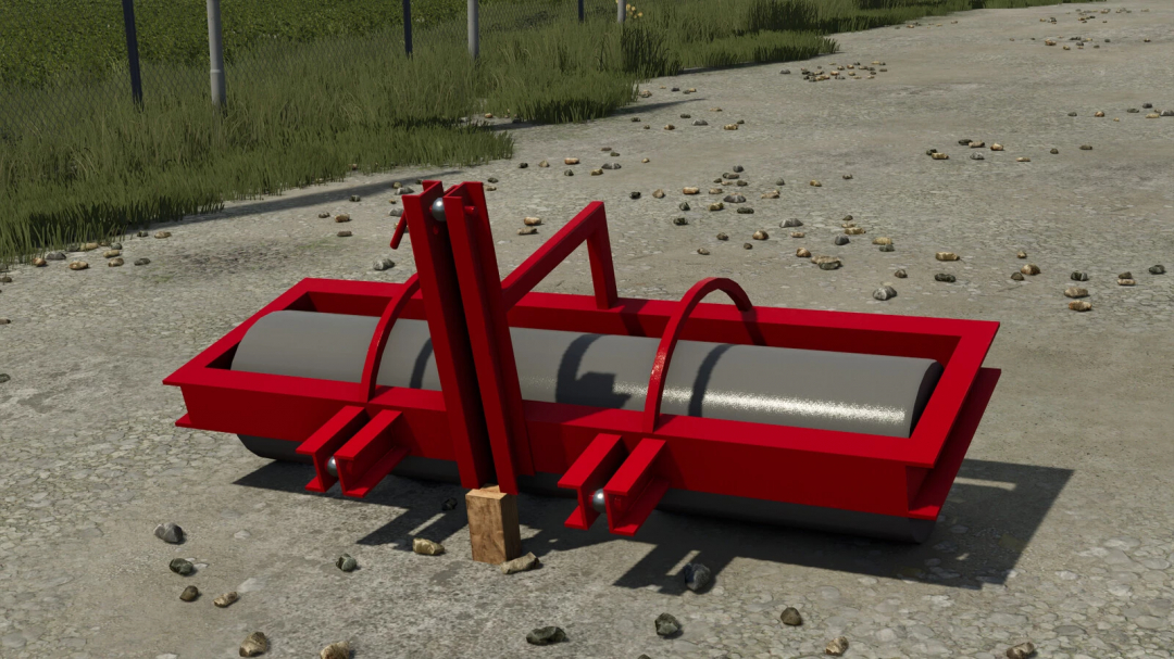 Farming Simulator 25 mod - Lizard Homemade Roller v1.0.0.0, red roller with a gray cylindrical drum, used for soil preparation in the game.
