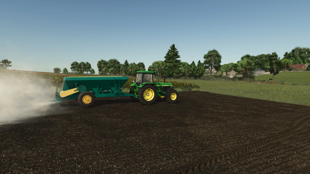 Farming Simulator 25 mod: John Deere tractor with Lizard RCW5 v1.0.0.0 fertilizer spreader working on the field.