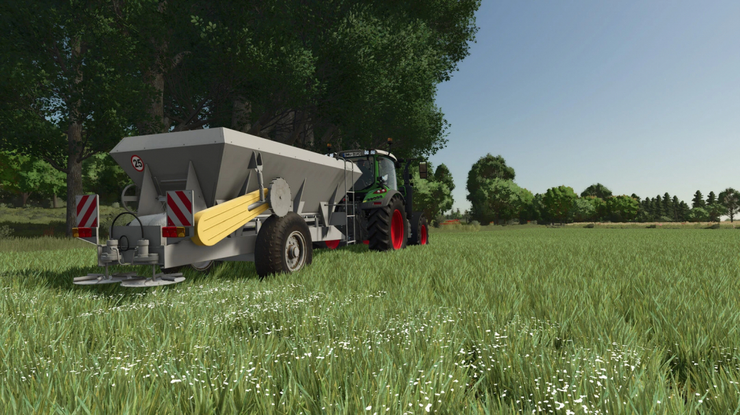 Farming Simulator 25 mod featuring the Lizard RCW5 fertilizer spreader attached to a tractor in a lush field.