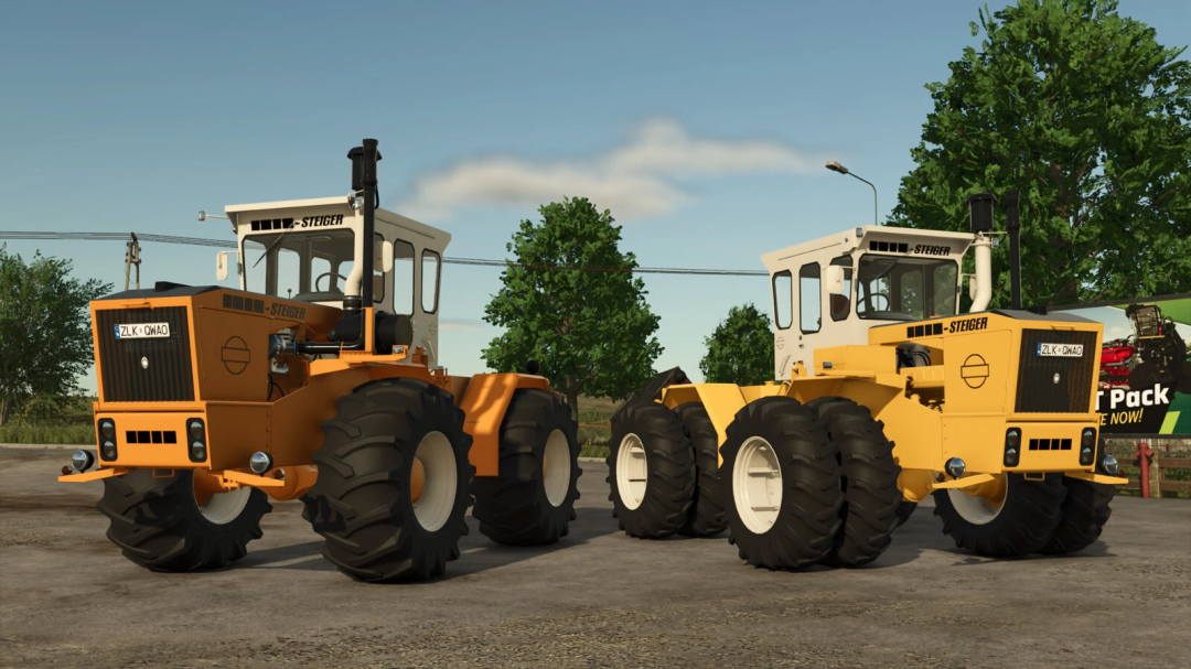 Two Lizard Steiger 250 tractors from Farming Simulator 25 mods, parked on a farm with trees in the background.