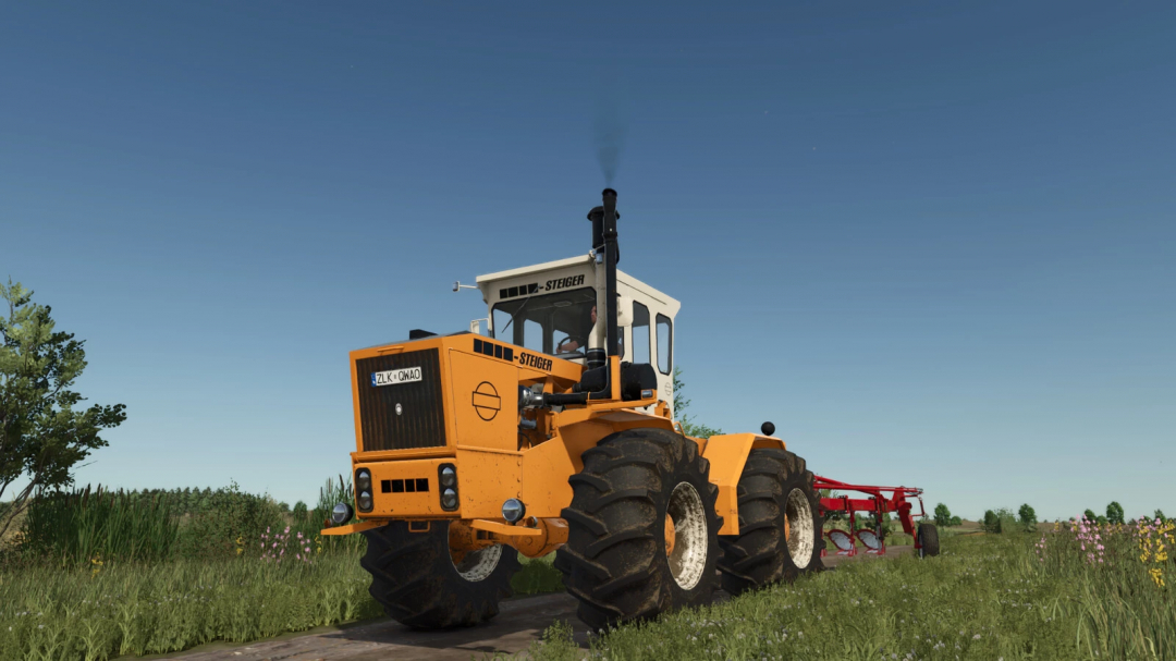 Farming Simulator 25 mod: Orange Lizard Steiger 250 tractor with black exhaust and attached cultivator in a grassy field.