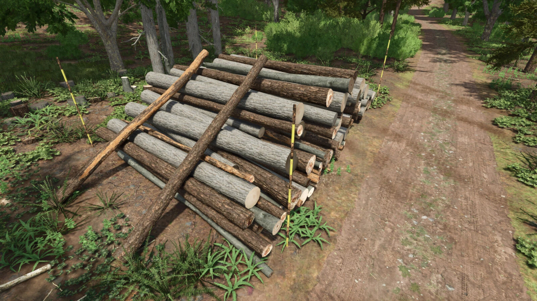 Stacked logs next to a dirt path in a forest, with invisible wall mod in Farming Simulator 25 for realistic logging scenes.