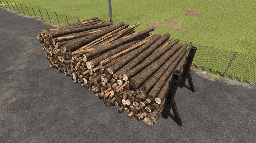 Stack of cut logs on a wooden support with an invisible wall mod for Farming Simulator 25, Log Piling Area With Invisible Wall v1.0.0.0