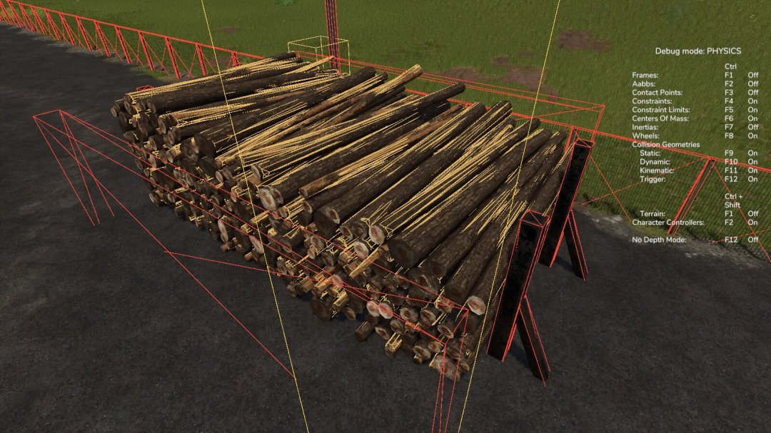 Farming Simulator 25 mod showing a log piling area with invisible wall, part of FS25 mods. Logs are stacked neatly on a wooden platform.