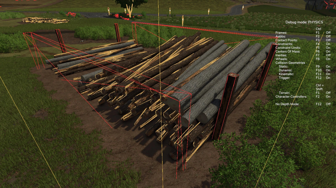Farming Simulator 25 mod: Log Piling Area With Invisible Wall v1.0.0.0, showing logs arranged on a farm.