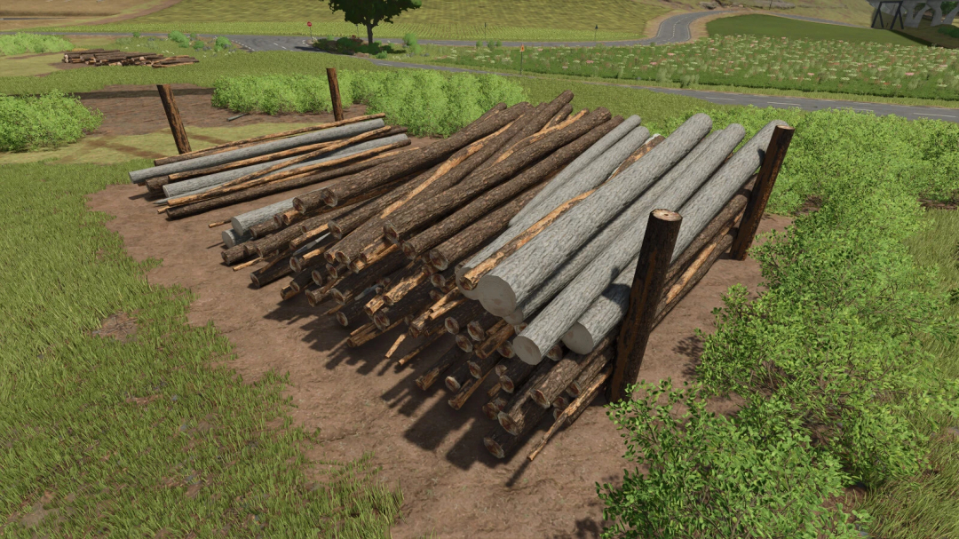 Farming Simulator 25 mod: Log Piling Area with Invisible Wall for FS25, showing neatly stacked logs in a rural setting.