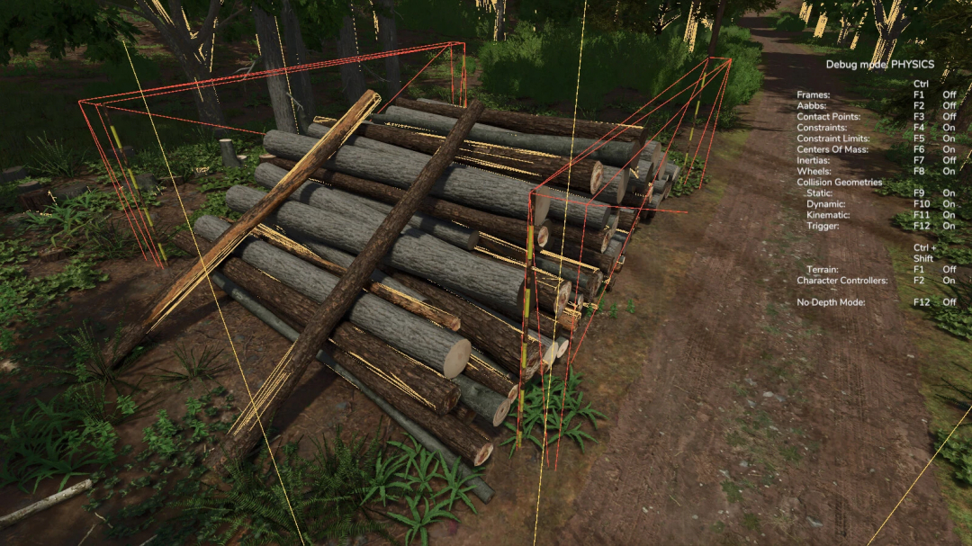 Farming Simulator 25 mod: Log Piling Area with invisible wall in debug mode, showcasing logging setup with physics and collision settings.