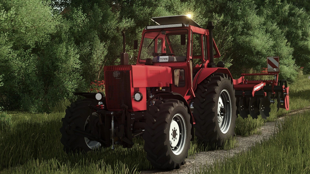 Farming Simulator 25 mod featuring the MTZ 82 BLK Beta v1.0.0.0 tractor with cultivator attachment, set in a lush countryside landscape.