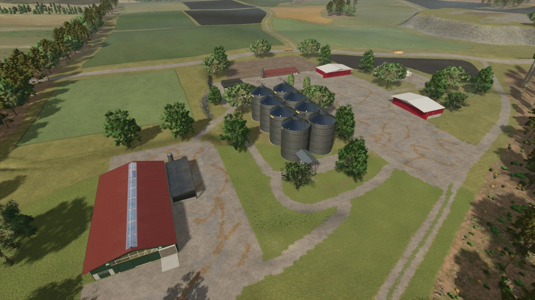 A farm with silos, barns, and fields from Farming Simulator 25 mods, showcasing Maizy Lou Farms v1.0.0.0 in FS25.