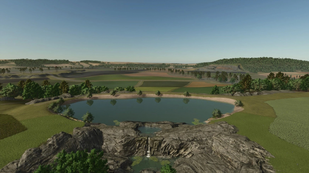 Beautiful landscape with a pond, trees, and hills in Farming Simulator 25, showcasing the Maizy Lou Farms mod v1.0.0.0.