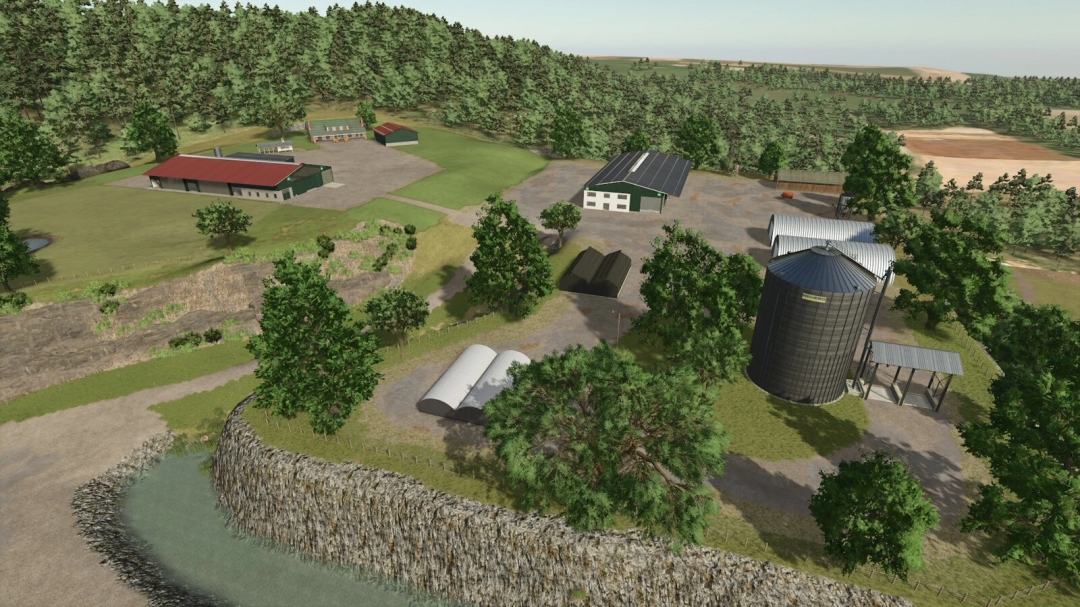 Farm scene from Farming Simulator 25 featuring silos, greenhouses, storage buildings, and farm fields, showcasing FS25 mods.