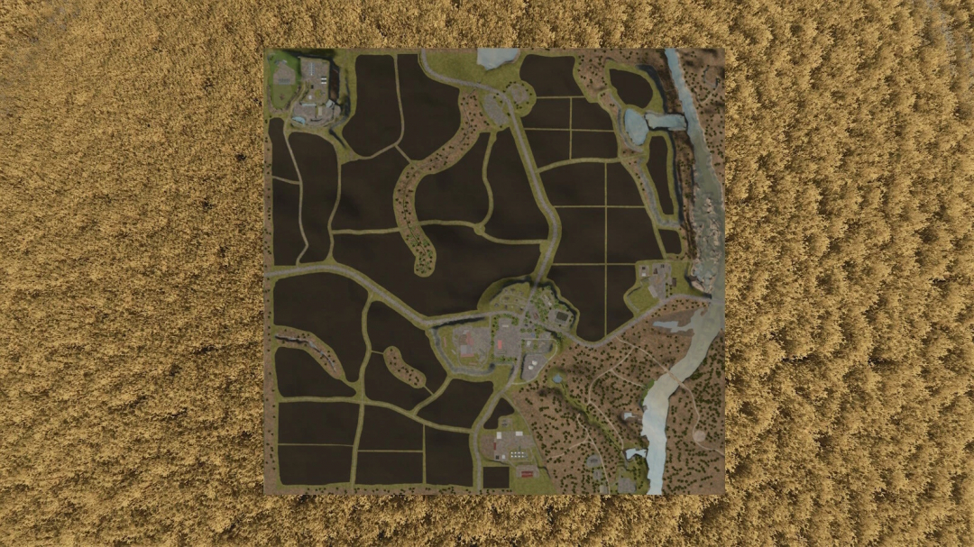 A detailed map of Maizy Lou Farms from Farming Simulator 25 mods, showing fields, roads, water bodies, and farm buildings.