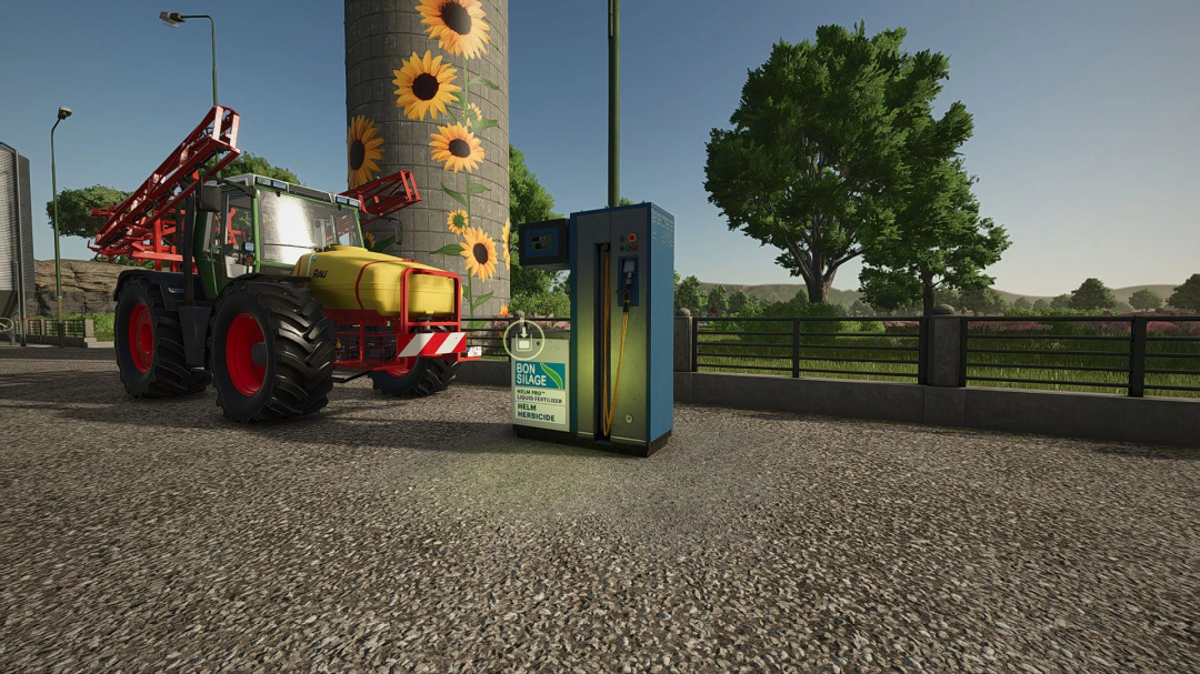 Farming Simulator 25 mod: Massey Ferguson 6480 tractor refueling at a fuel station, outdoors with trees and a sunflower mural.