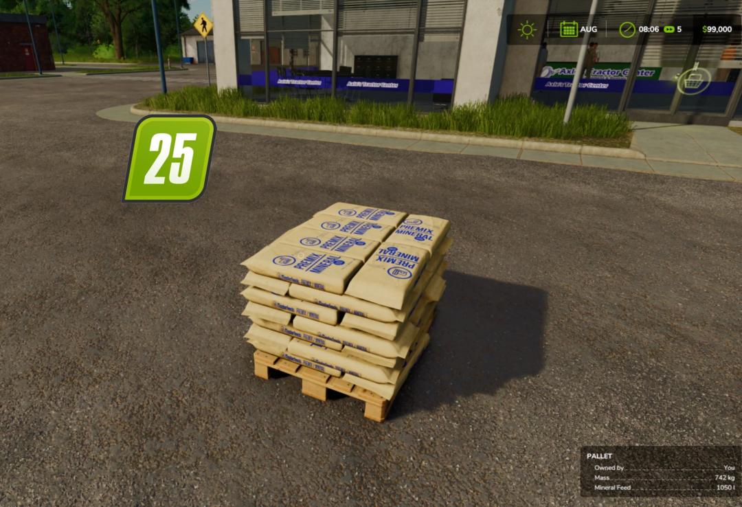Stack of Masterfeeds Feed Mineral Pallets in Farming Simulator 25, ready for use in farming operations, part of FS25 mods.