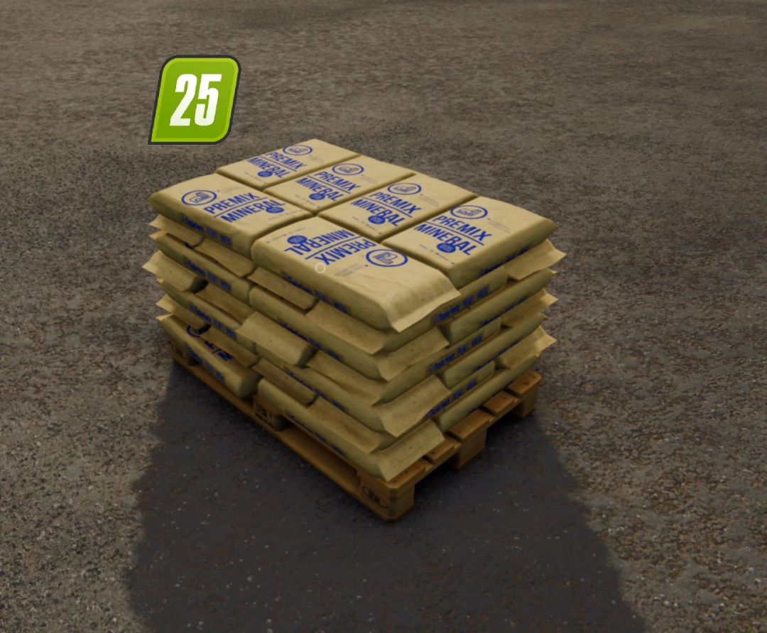 Stack of mineral feed pallets labeled 'Premier Mineral' for Farming Simulator 25 mods.