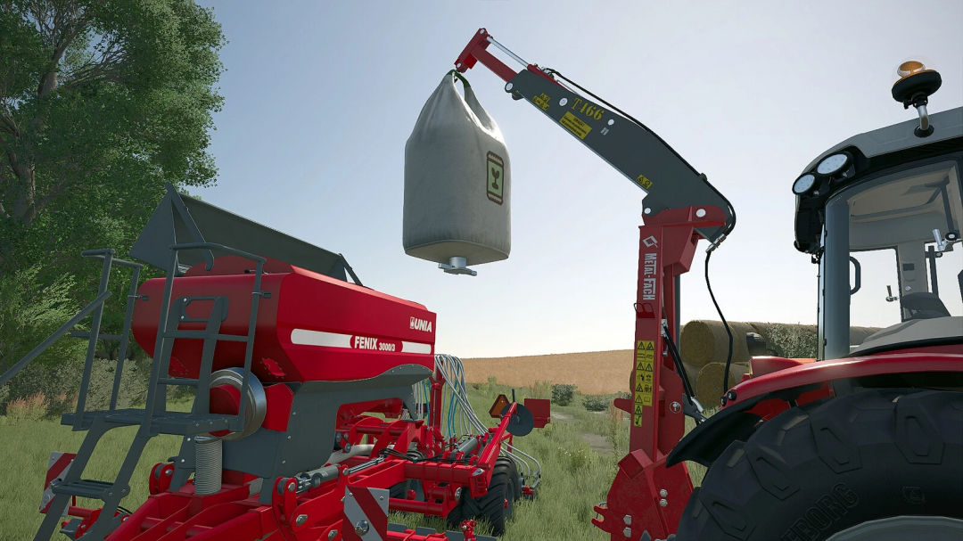 Farming Simulator 25 mod: tractor with crane lifting a bag of fertilizer, integrated with Metal Fach T466 v1.0.0.0.