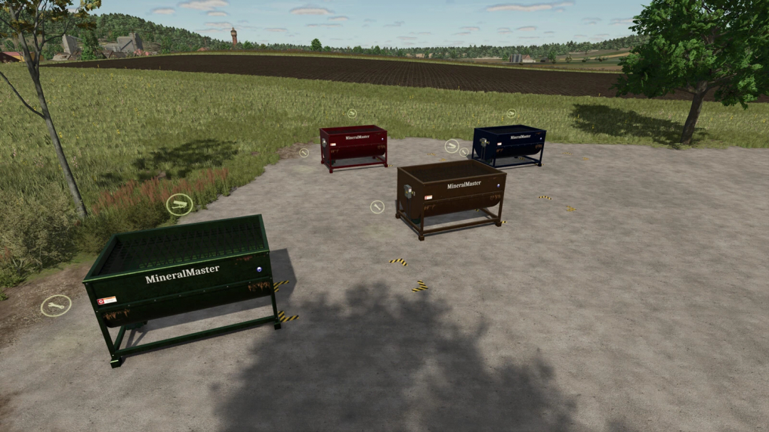 Farming Simulator 25 mods featuring MineralFeed Production v1.0.0.0 with various MineralMaster feed mixers on a farm yard.