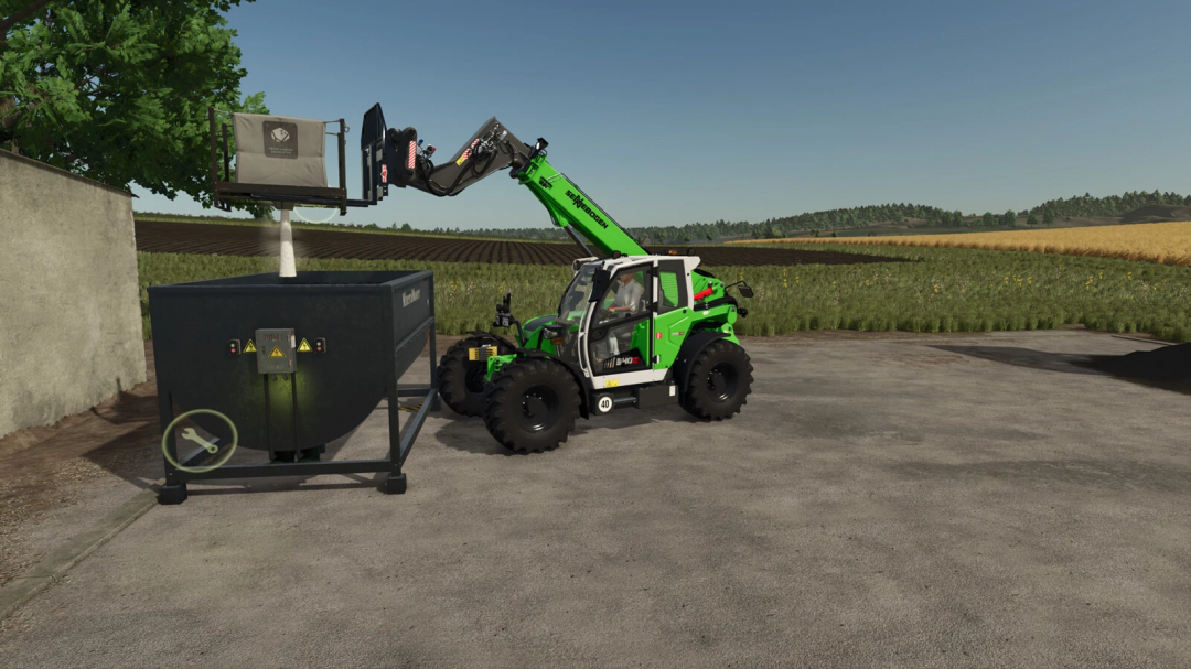 Farming Simulator 25 mod: Tractor with mineral feed production attachment near a mixing tank, showcasing FS25 mods.