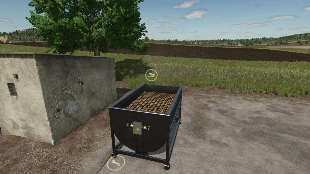 Farming Simulator 25 mod image showing a mineral feed production machine outdoors near a building with a landscape background.
