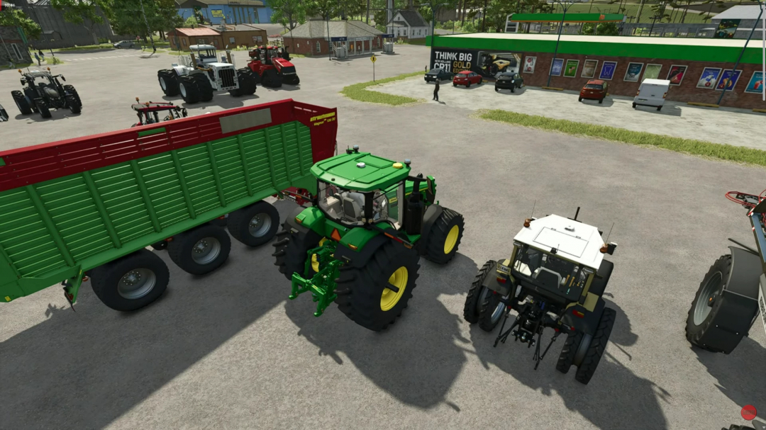 Farming Simulator 25 mod pack featuring multiple tractors and farm equipment, including a green tractor with a large trailer, part of FS25 mods.