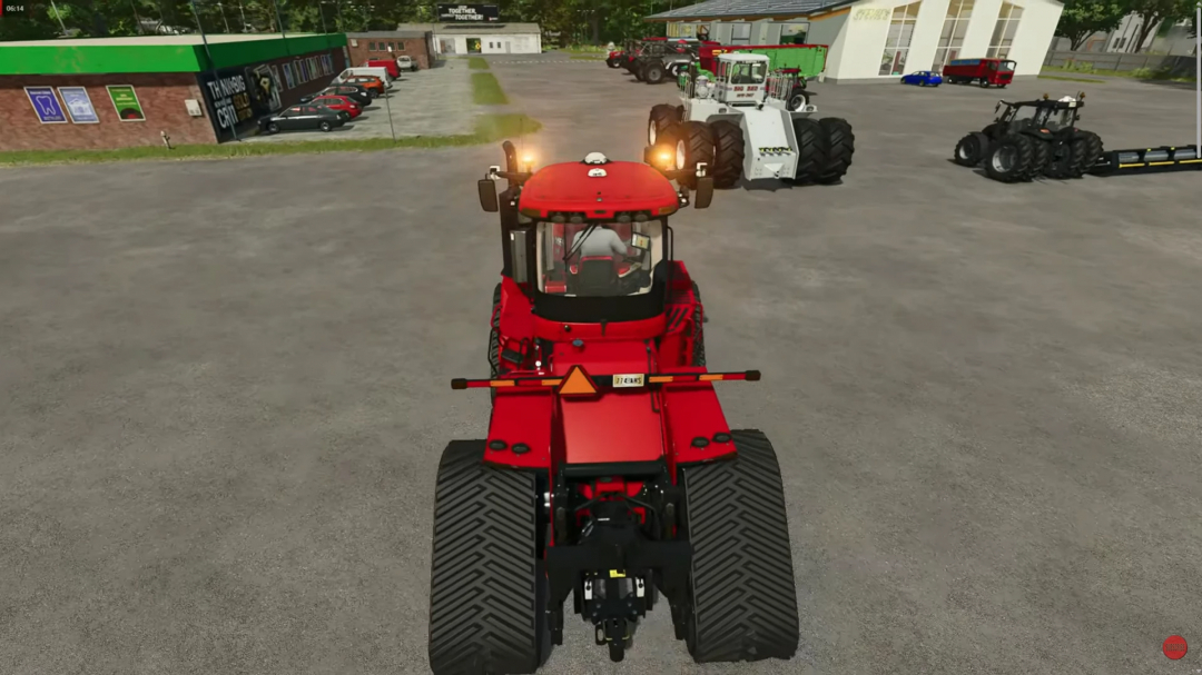 Farming Simulator 25 mod pack featuring a red tractor with farming equipment, variety of tractors and vehicles in a yard, for FS25 mods.