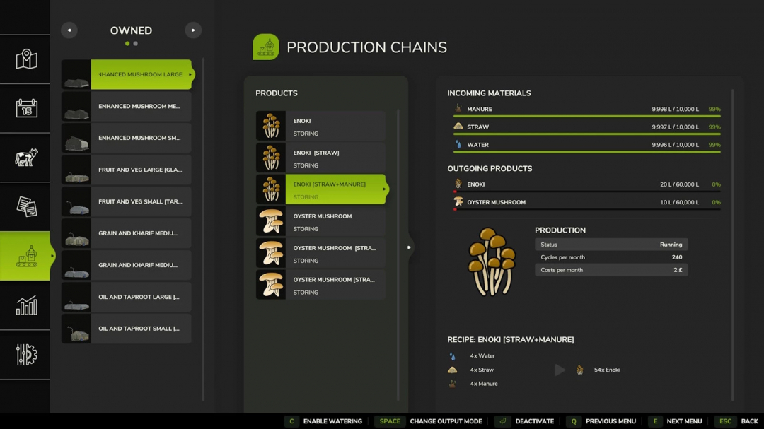 Farming Simulator 25 mod screen showing crop production chains, specifically Enoki mushrooms with straw and manure, in the mods menu.