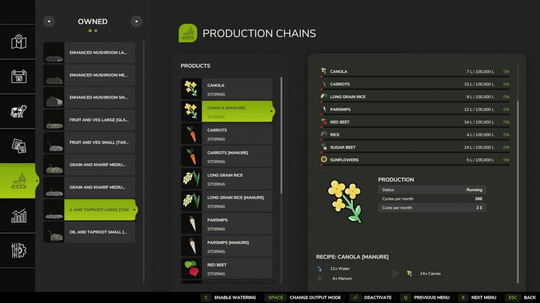 Farming Simulator 25 mod screen showing production chains for canola fertilizer, with details on storage, production, and recipe.