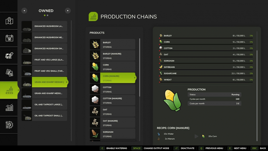 Farming Simulator 25 mods screenshot showing production chains for various crops in the Greenhouses mod.