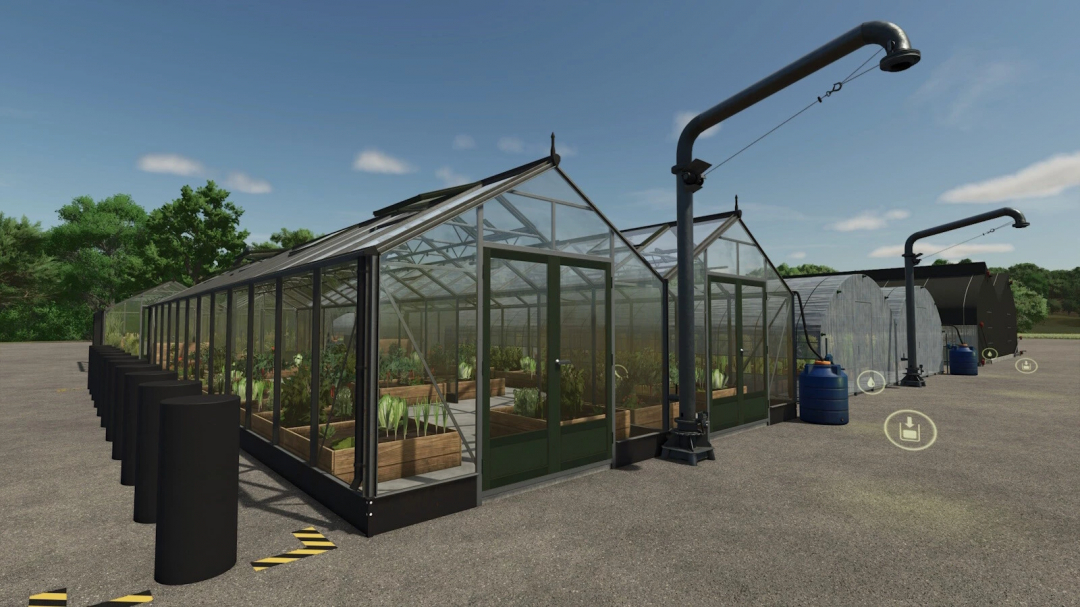 Greenhouse setup with irrigation system for farming in Farming Simulator 25 mods, part of the Multi Crop Greenhouses v1.1.0.0.