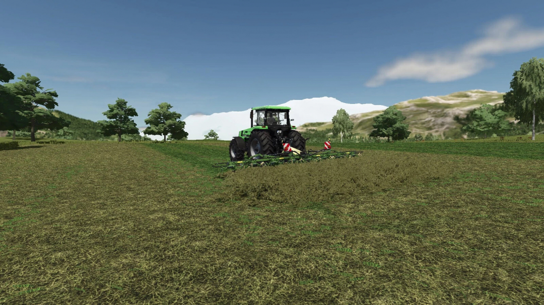 Farming Simulator 25 mod: Green tractor with MultiFruit AI Tedder v1.0.0.0 for efficient crop processing.