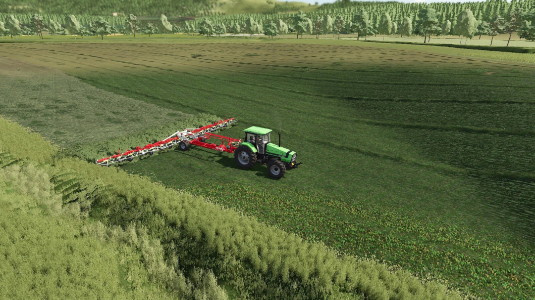 Farming Simulator 25 mod: Green tractor with a multi-fruit AI tedder working on a field.