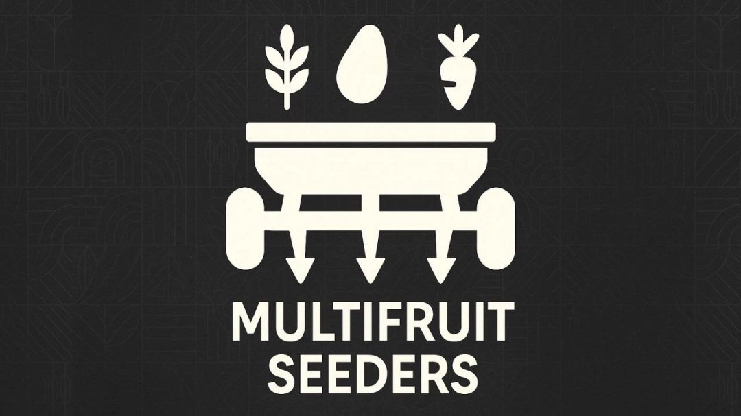 Logo of Multifruit Seeders mod for Farming Simulator 25, featuring icons of wheat, a seed, and a carrot above a multi-seed planter.