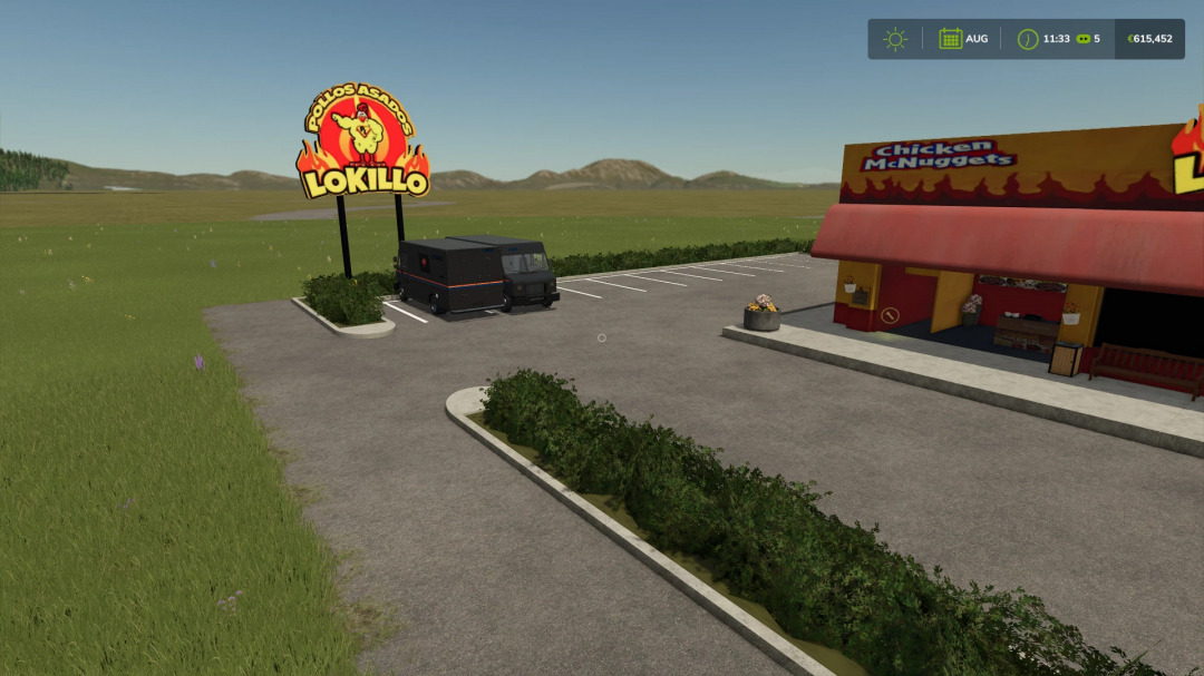 Abandoned fast food stand with 'Pollos Asados Lokillo' sign in Farming Simulator 25, representing a mod for chicken nuggets production.