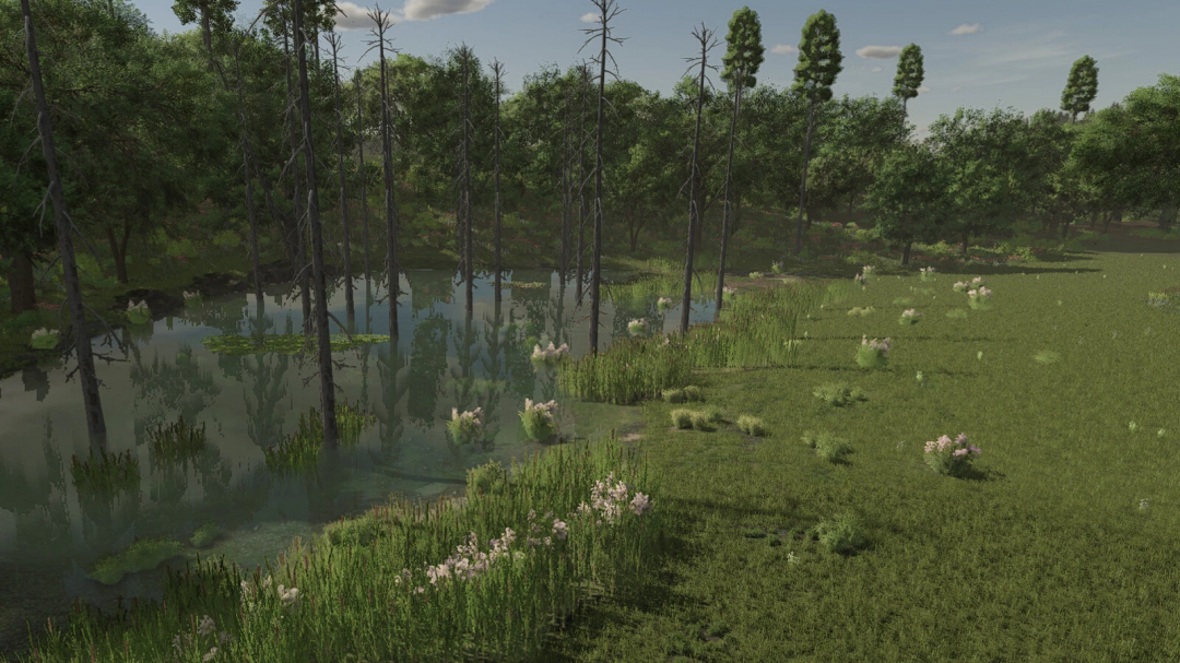 Farming Simulator 25 mod: scenic landscape with a pond, lush trees, and flowering bushes, showcasing potential for new Hope v2.0.0.0.