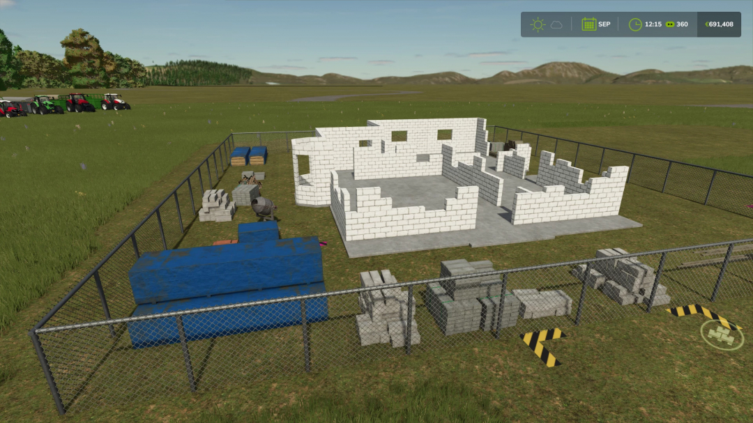 Farming Simulator 25 mods: Construction of an orange house using brick assets, with tools and building materials around, in Farming Simulator 25.