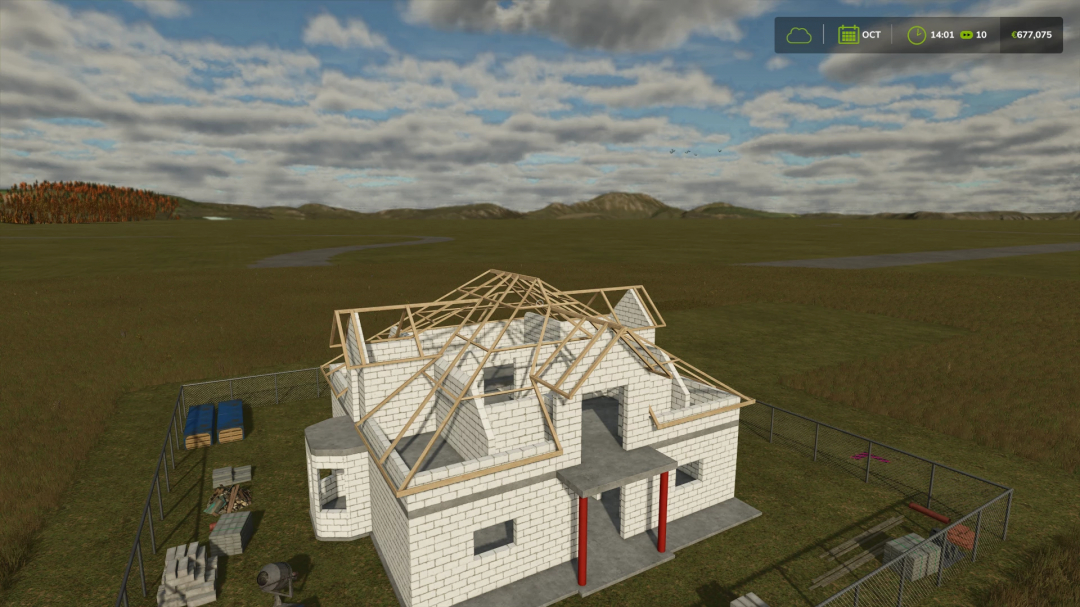 Farming Simulator 25 mod - Orange House to Build under construction, with wooden roof frame installed.