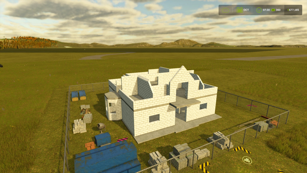 Farming Simulator 25 mod: White brick house under construction, surrounded by construction materials and fencing.