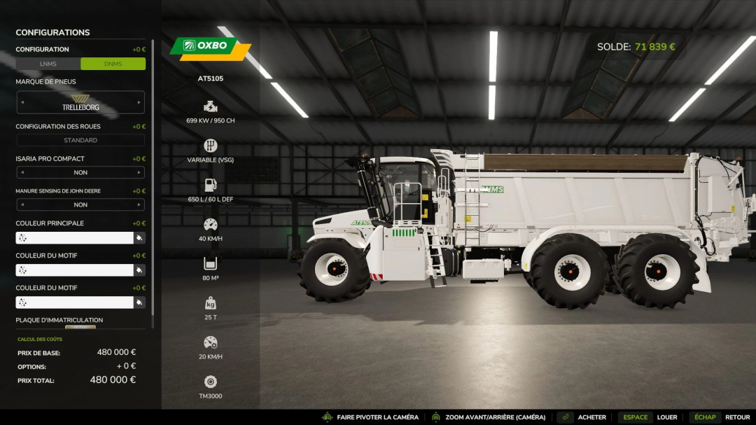 Farming Simulator 25 mod image featuring the OXBO AT5105 Edit v1.0.0.2, with detailed specifications and customization options displayed.